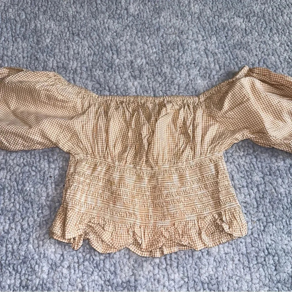 Japna Tan Plaid Cropped Blouse Size M - Picture 5 of 6